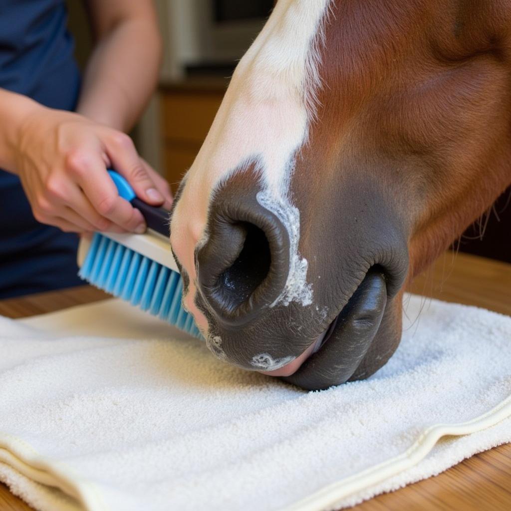 Cleaning a horse muzzle with appropriate cleaning solutions