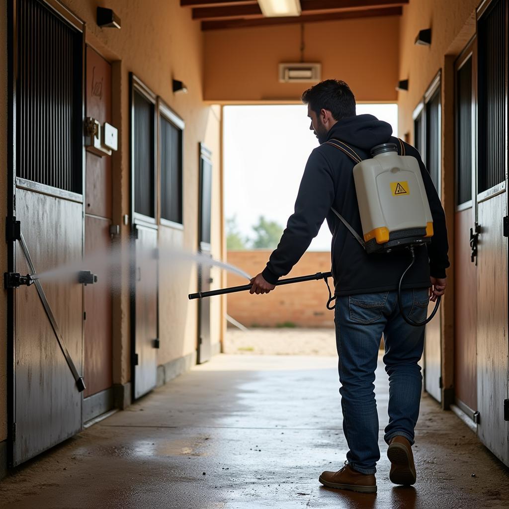 Disinfecting Stable with Horse Sprayer