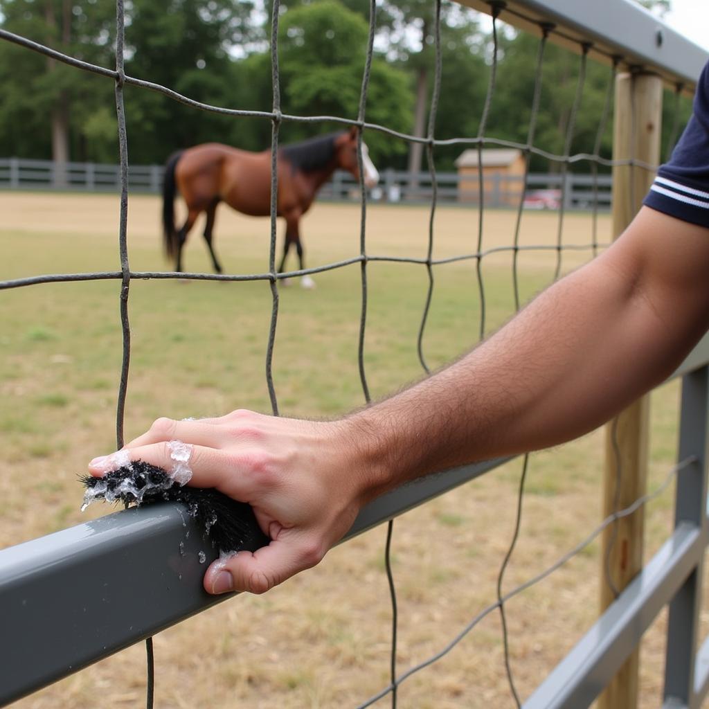 Cleaning wire horse panels to maintain fence integrity.