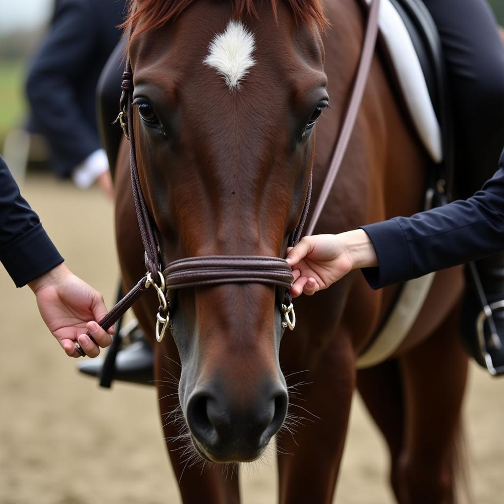 Close-up of a rider's hands holding the reins and communicating with the horse.