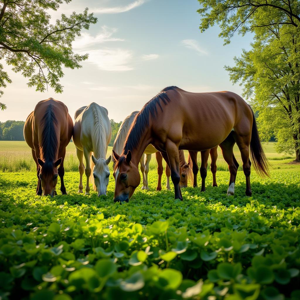 Horses Grazing in a Clover Field