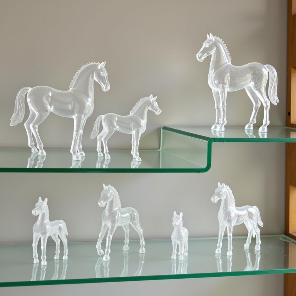 Collection of Crystal Horse Figurines Displayed on Shelves