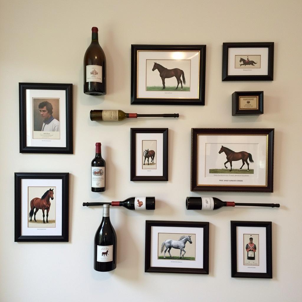 A Collection of Framed Horse Wine Labels Displayed on a Wall