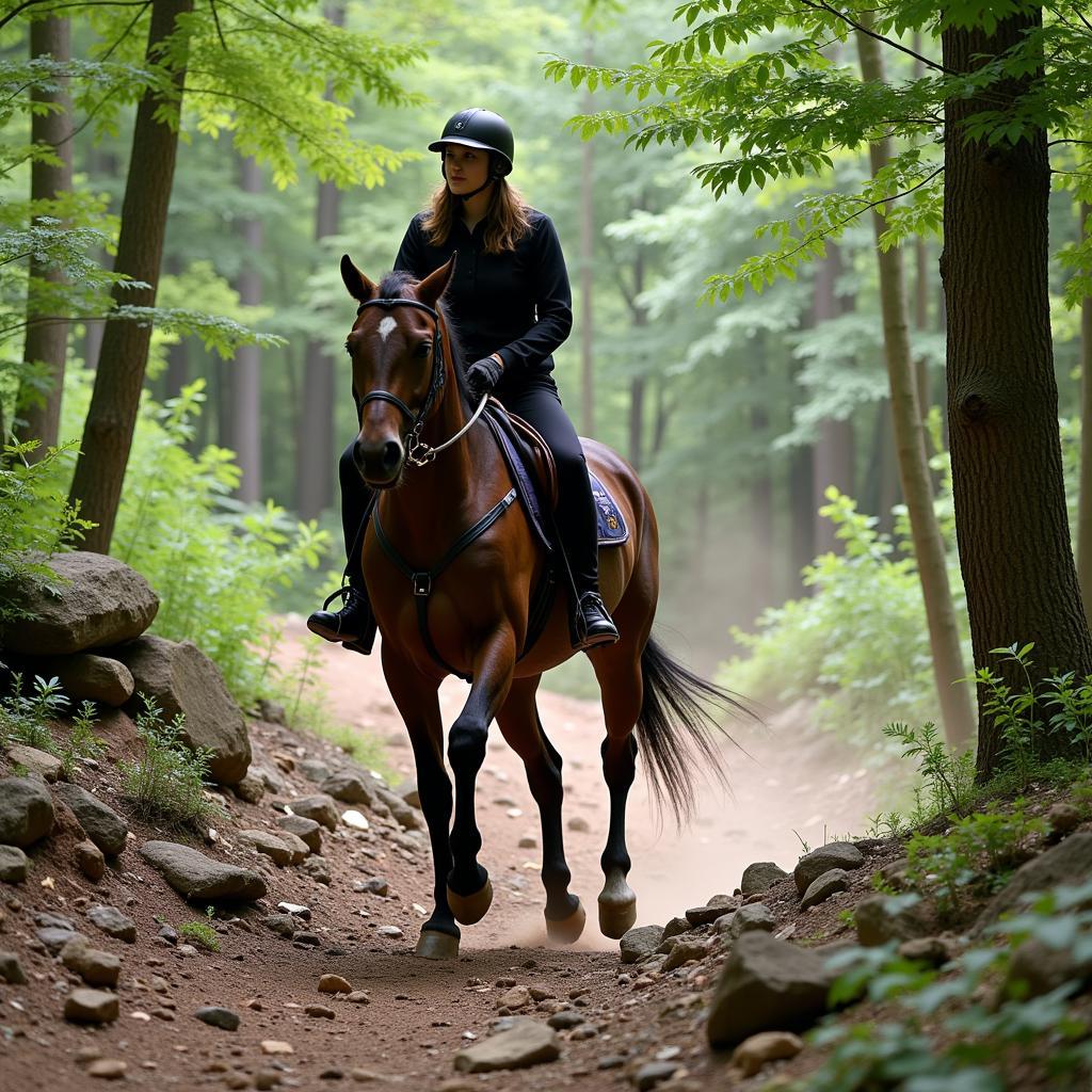 Rider Navigating Challenging Terrain in Competitive Trail Ride