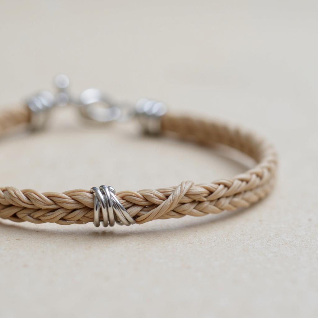 Custom horse hair bracelet keepsake: A close-up of a hand-crafted bracelet made from braided horse hair, showcasing the intricate details and the beauty of transforming horse hair into wearable art.