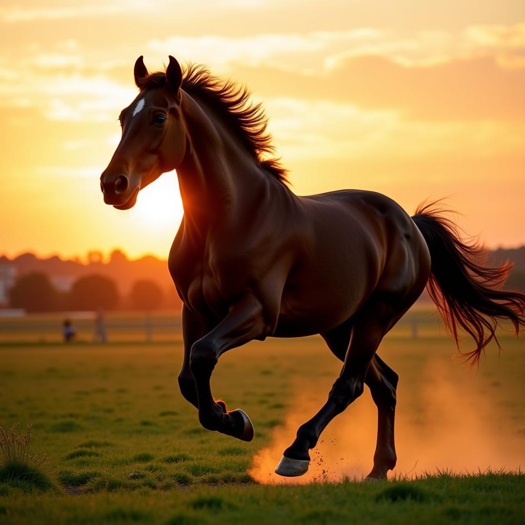 Dark Horse Galloping Across a Field