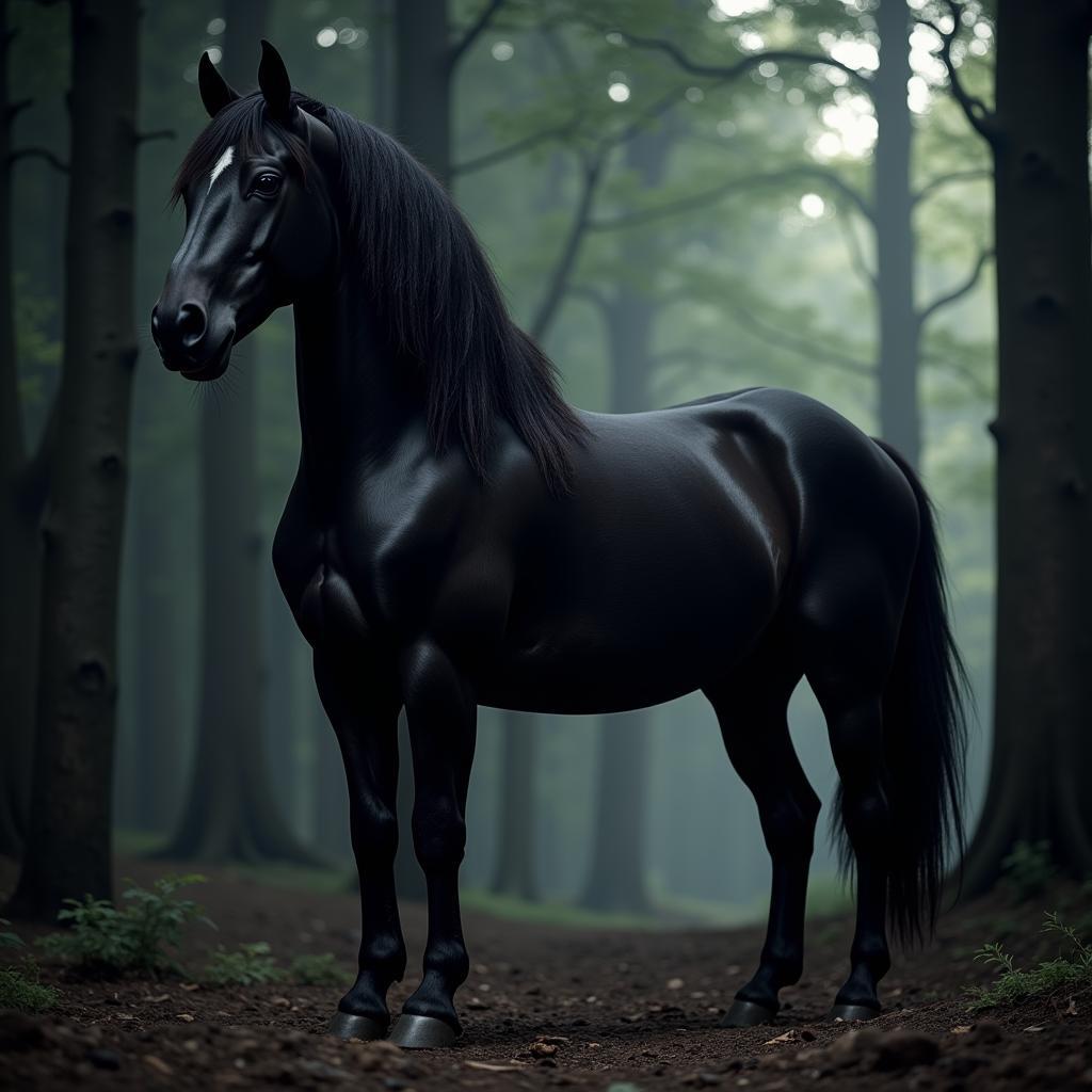 Black stallion resembling the Darth Vader horse archetype in a dark forest