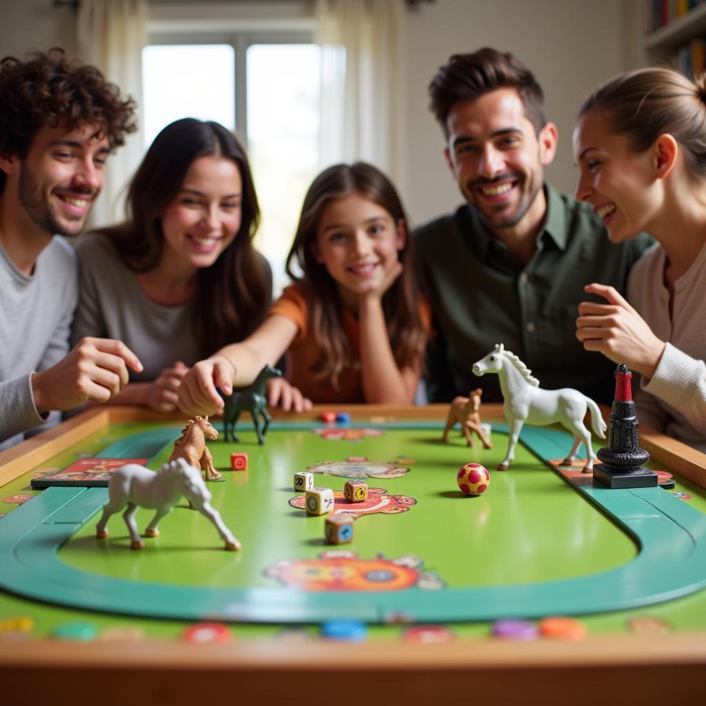 Family playing a dice horse racing game at home