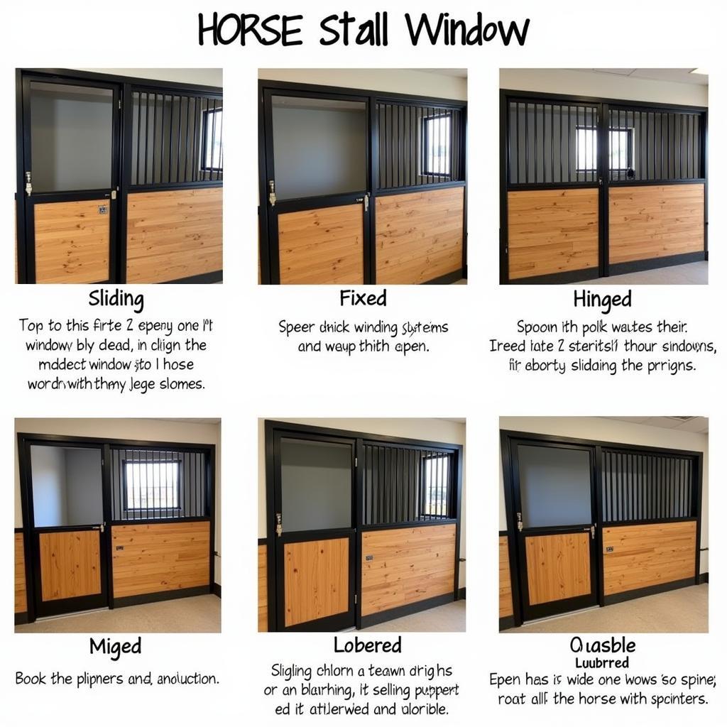 Different types of horse stall windows: sliding, fixed, hinged, louvered