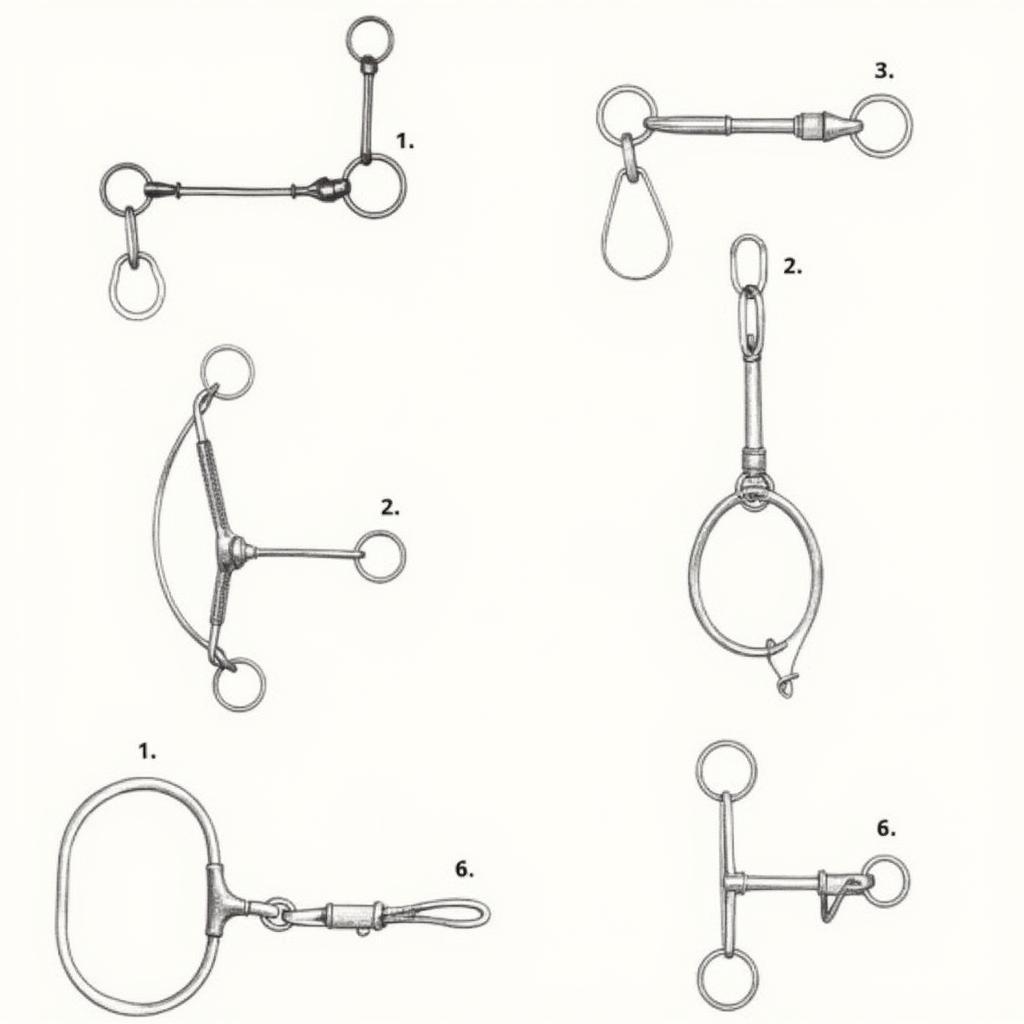 Various horse bits including snaffle and hackamore