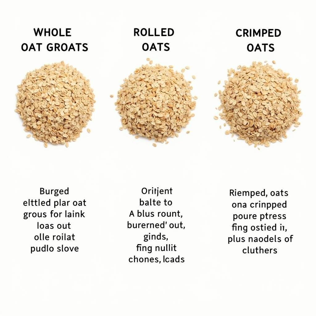 Various types of oats suitable for horse feed, including whole, rolled, and crimped oats.