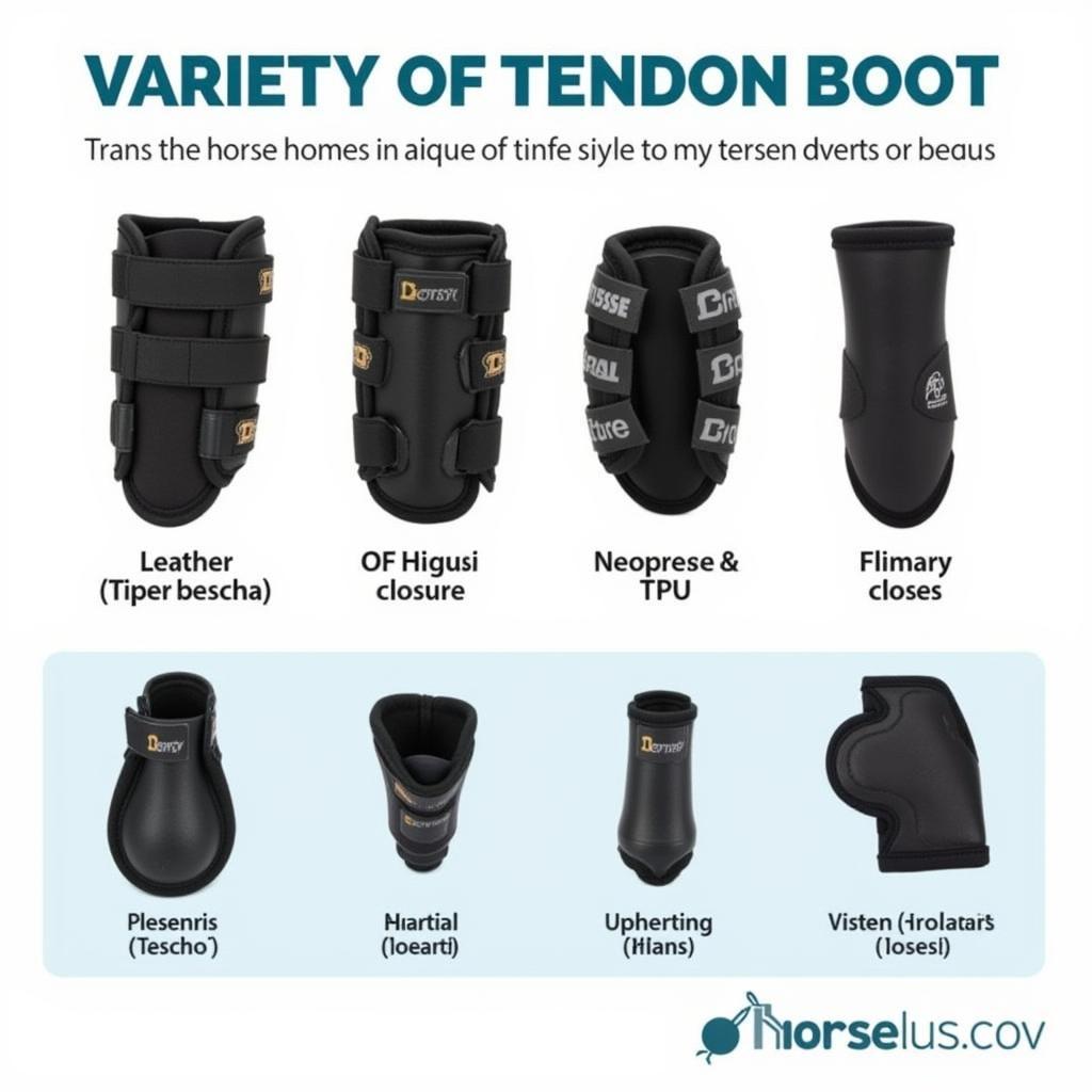 Various horse tendon boots showcasing different designs and materials.