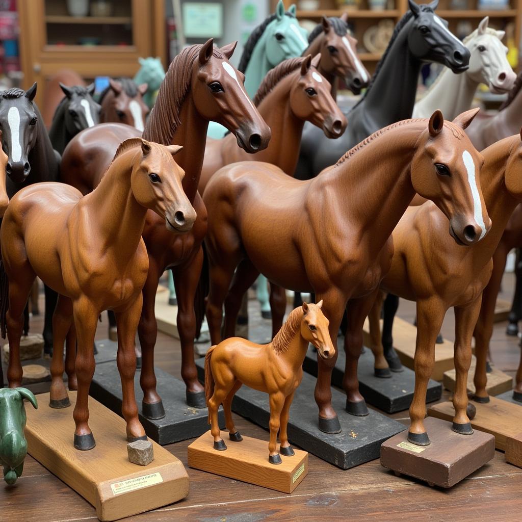 Variety of Wood Horse Statues on Display