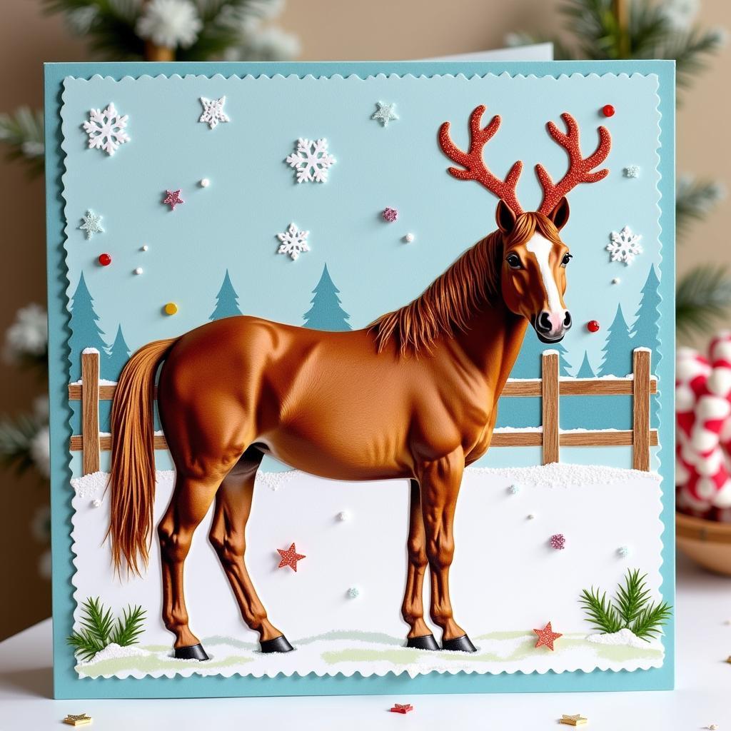 Horse wearing reindeer antlers on a handmade Christmas card