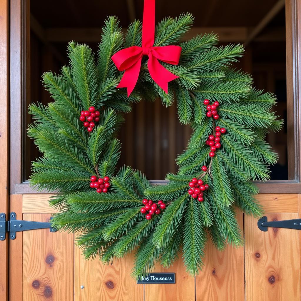 DIY Horse Stall Christmas Wreath Made of Pine Boughs and Red Berries