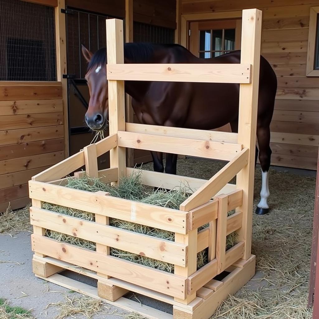 DIY pallet horse hay feeder in a barn