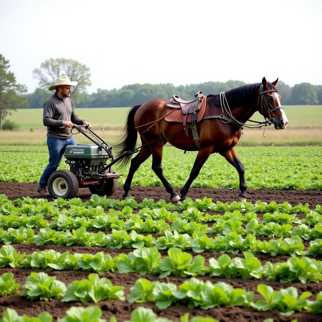 Draft horse pulling a cultivator on a produce farm