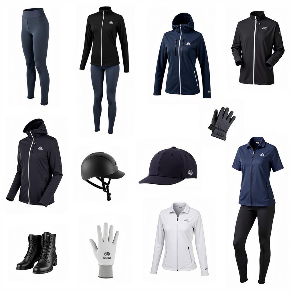 Display of Equiline Apparel Including Breeches, Jackets, and Accessories