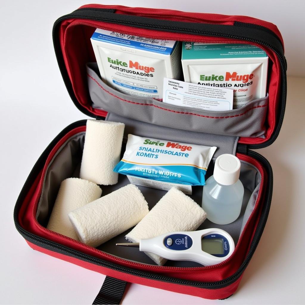 Essential Equine First Aid Kit: Bandages, antiseptic wipes, thermometer, and scissors.