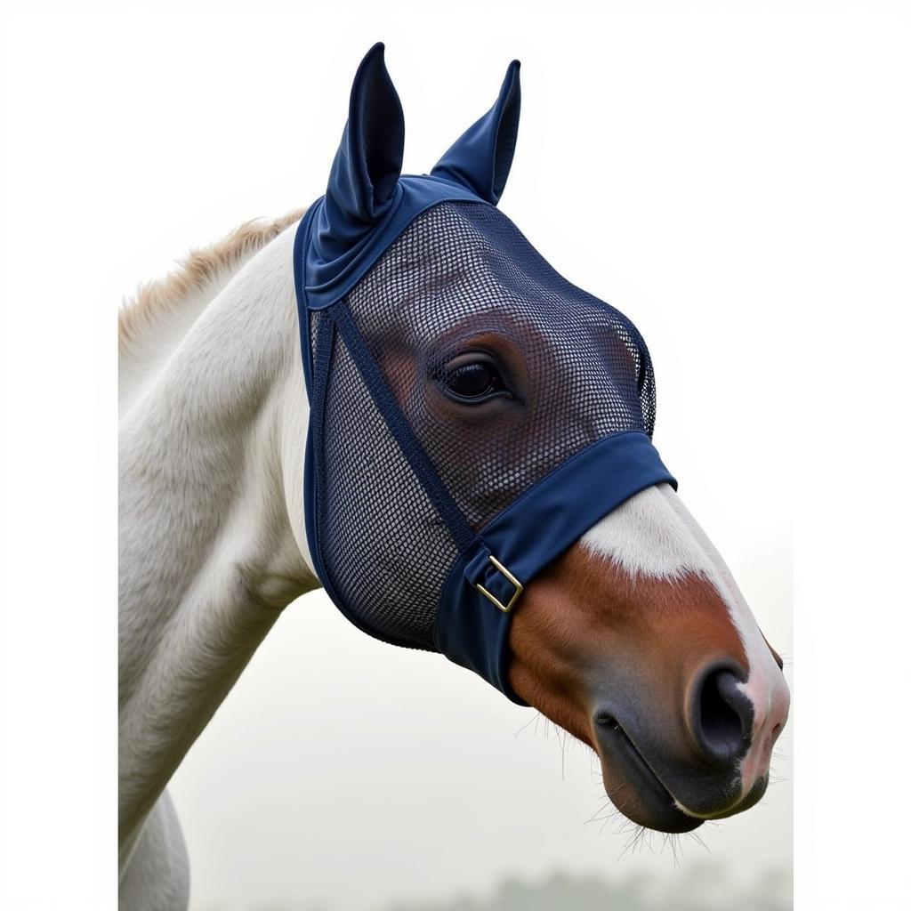 Close-up view of an Equivisor horse mask on a horse