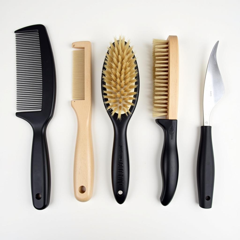 Essential grooming tools for horse care.