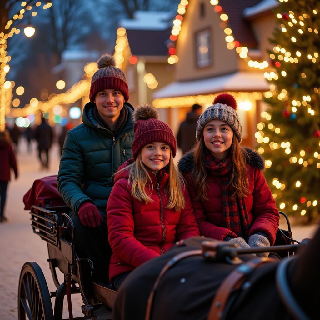 Family enjoying a horse drawn carriage ride through Frederick MD adorned with Christmas lights.