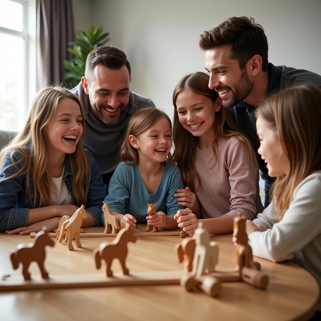 Family Playing Wood Horse Racing Game