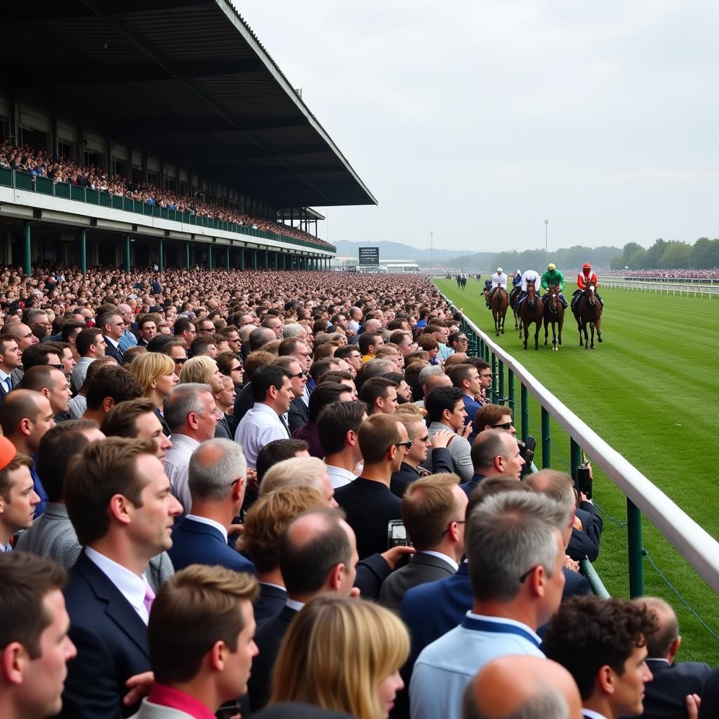 Famous Horse Racing Track Crowd: A dynamic image capturing the energy of a crowd at a famous horse racing track, showing the excitement and anticipation as the horses approach the finish line.