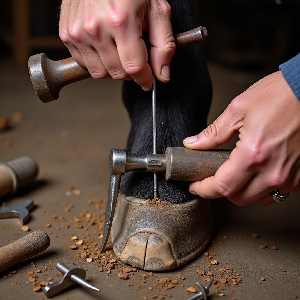 Farrier Applying Horseshoe Nails