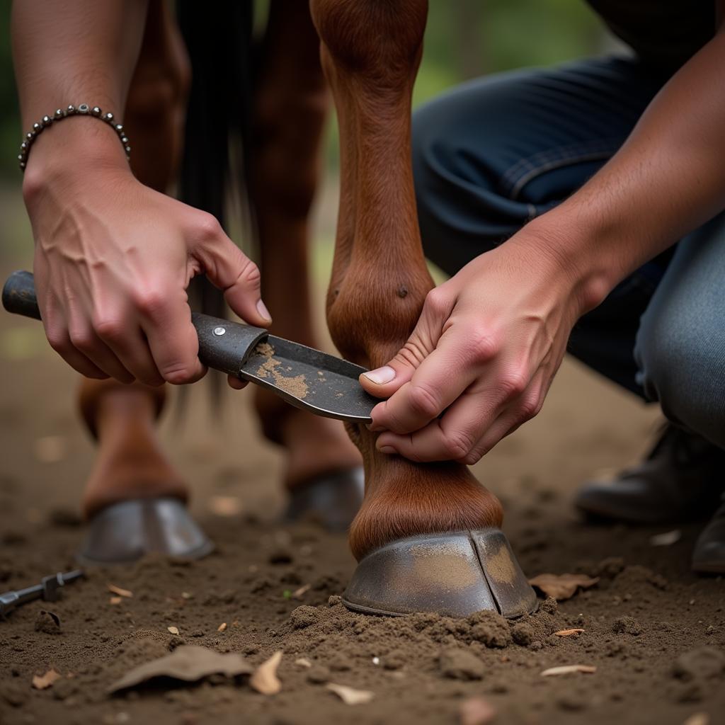 Farrier Trimming a Horse's Hoof