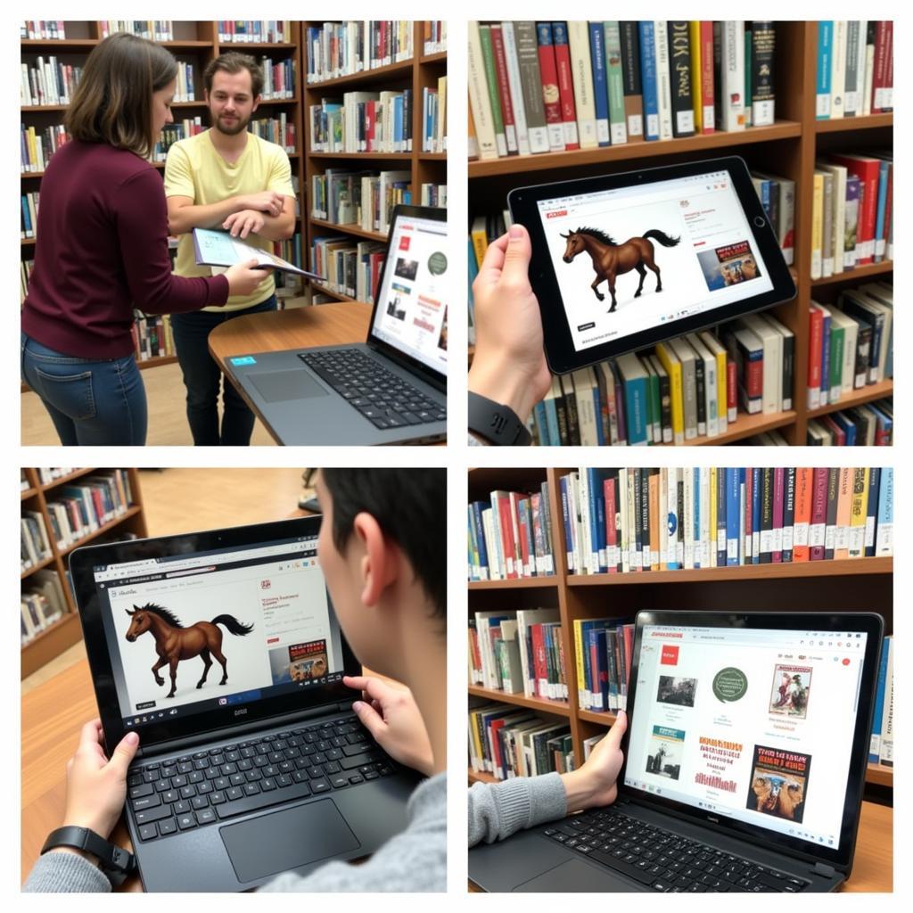 Different ways to access books on horses, including online bookstores, libraries, and used bookstores.