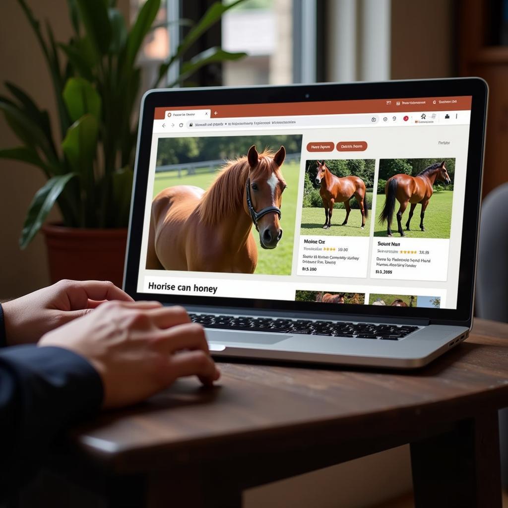 Searching for Metallic Horses Online:  Depict a person browsing horse listings on a laptop, emphasizing the importance of research and due diligence.