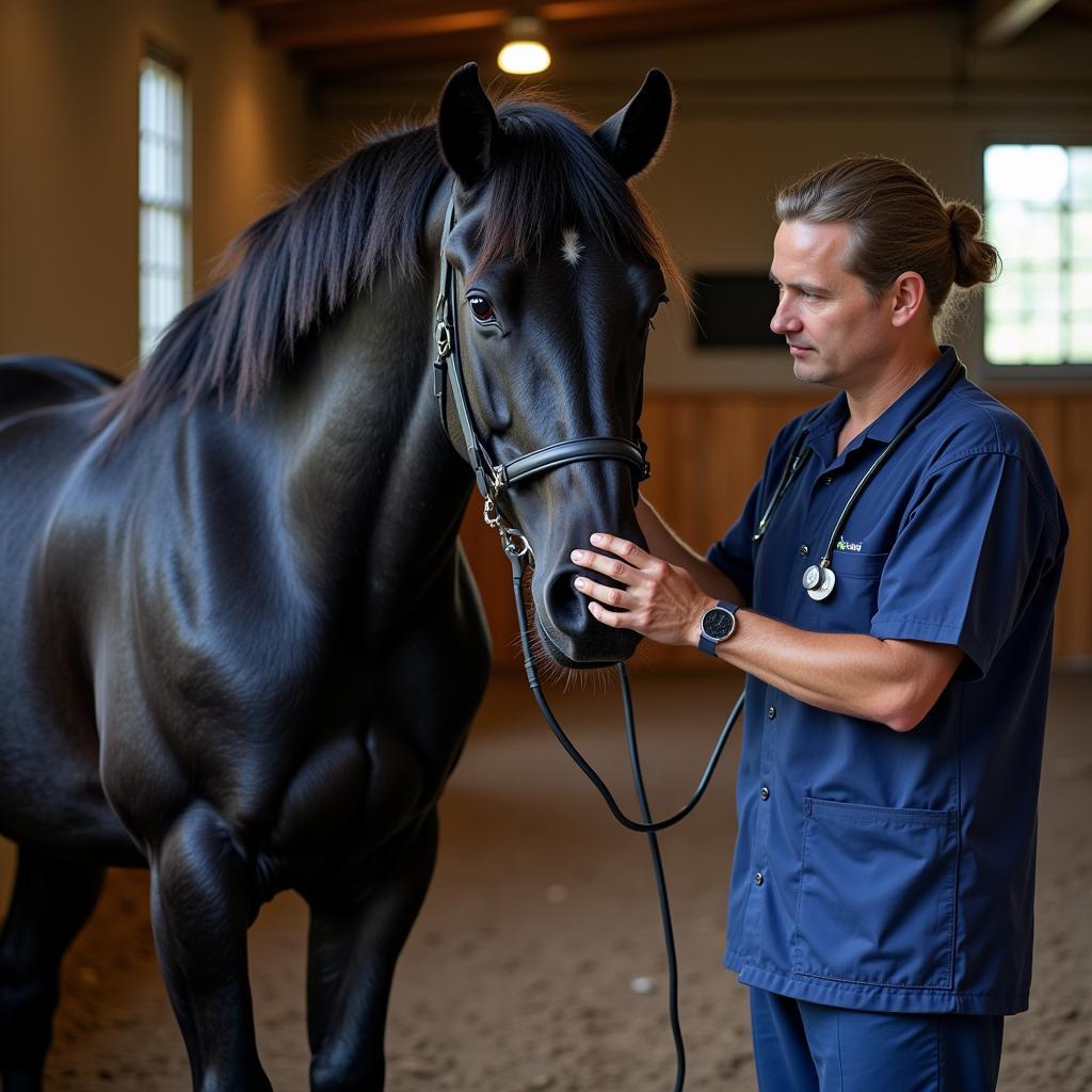 Veterinarian checking the health of a Friesian horse in Texas