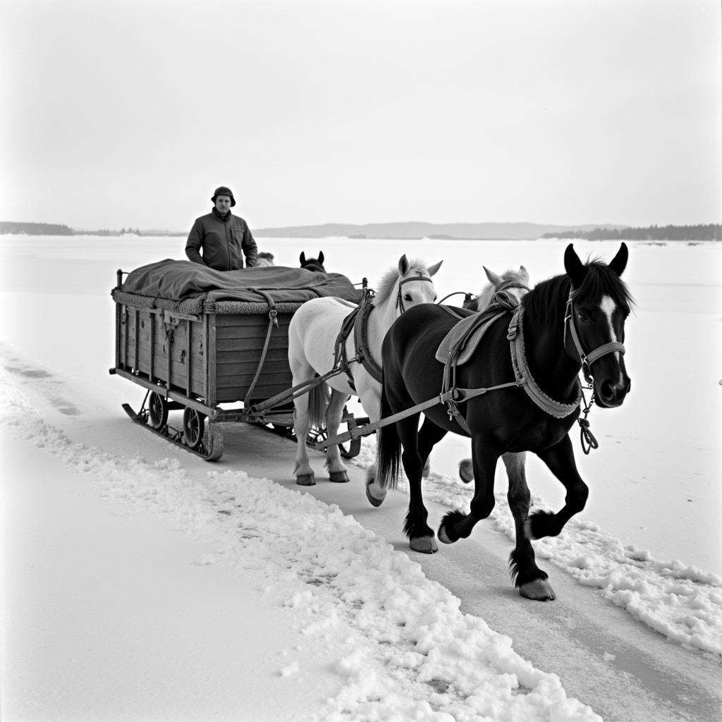 Horses Struggling Across Frozen Lake Ladoga During WWII