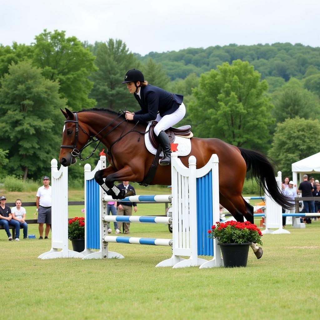 Horse and rider competing in the show jumping phase at Full Moon Farm Horse Trials