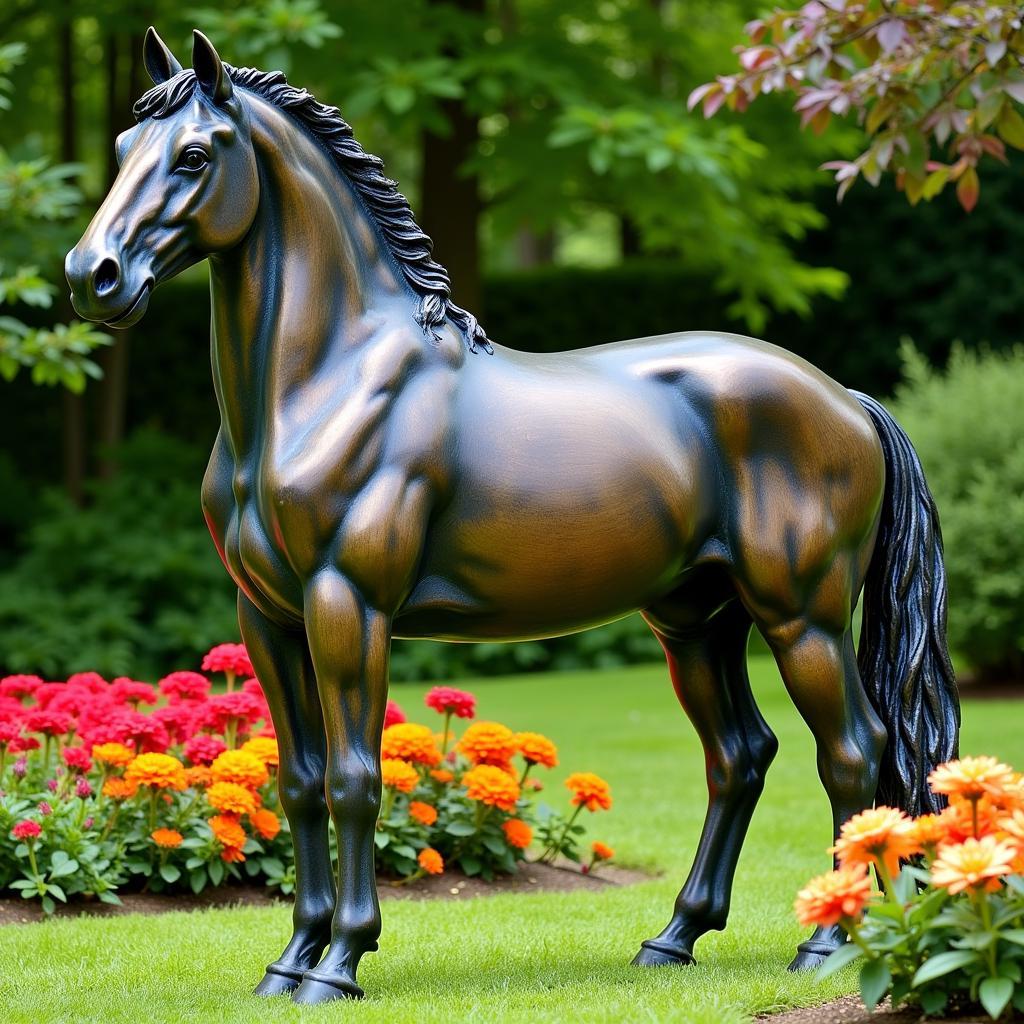 Bronze full size horse statue in a garden setting