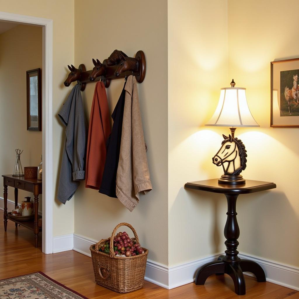 Functional Horse Decor Ideas: A stylish entryway featuring a horse head coat rack and a horse-themed lamp.