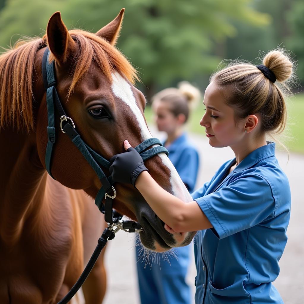 A veterinarian performing a pre-purchase examination on a German Black Forest Horse, checking its legs and hooves.