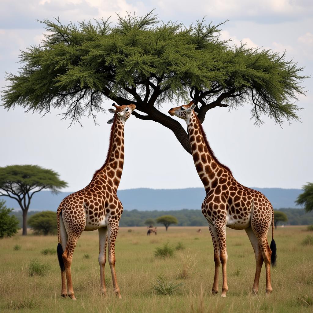 Giraffe Browsing Acacia Trees in Savanna Habitat