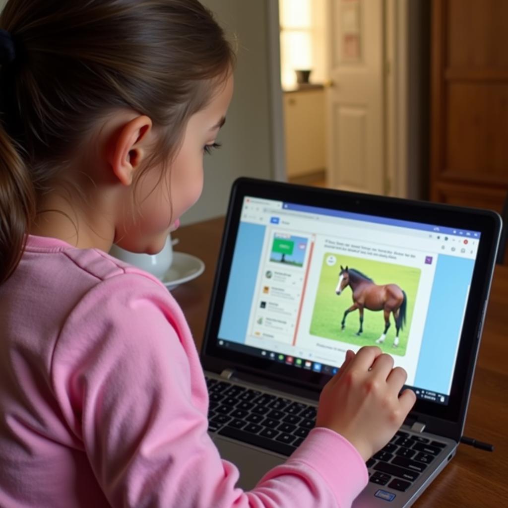 Young Girl Completing a Horse Worksheet Online