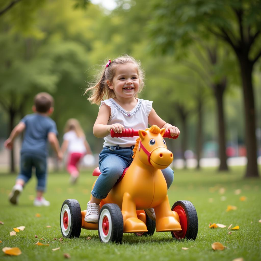 Girl Riding a Toy Horse Outdoors