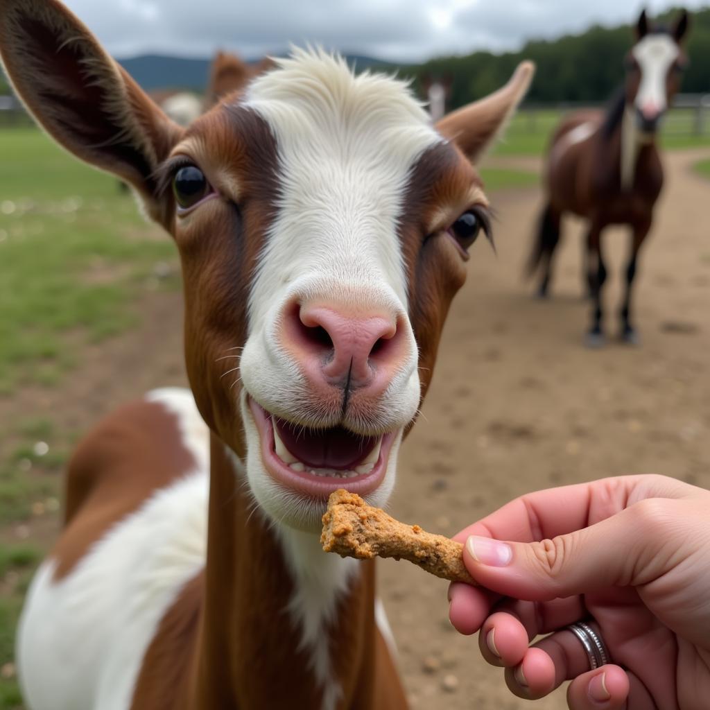 Goat Attempting to Eat Horse Treats