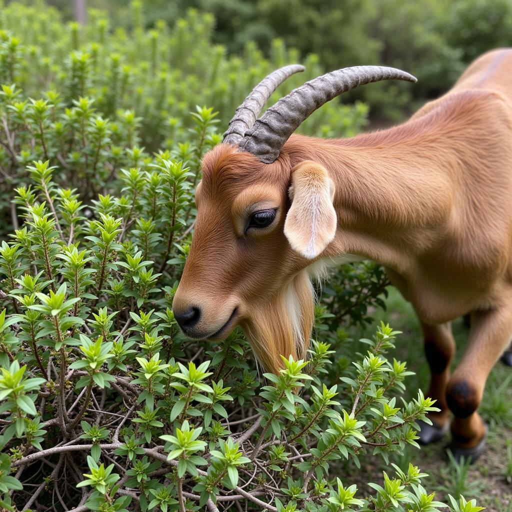 Goat Eating a Shrub