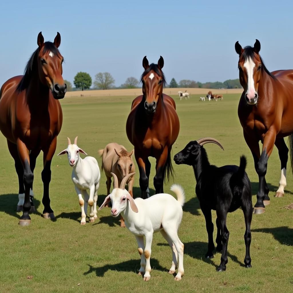 Goats and Horses Sharing a Pasture