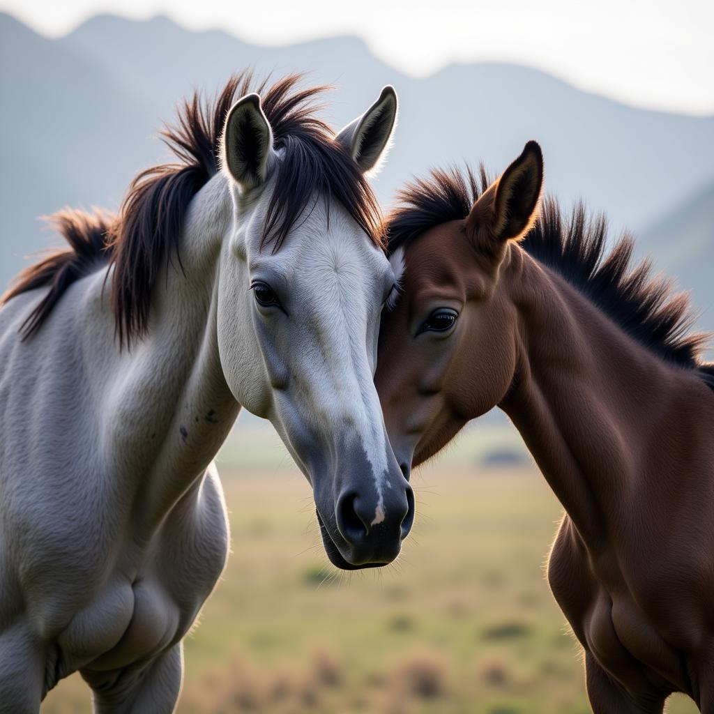 Gray Mustang Mare and Foal Bonding