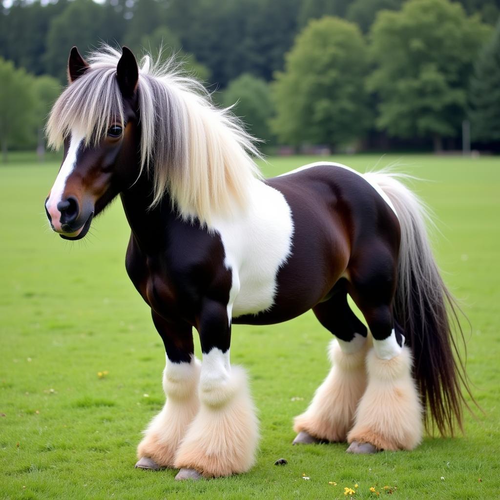 A Gypsy Vanner miniature horse standing in a field