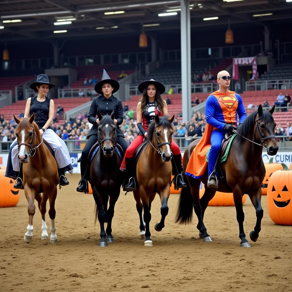 Horses and riders dressed up in Halloween costumes at a horse show.