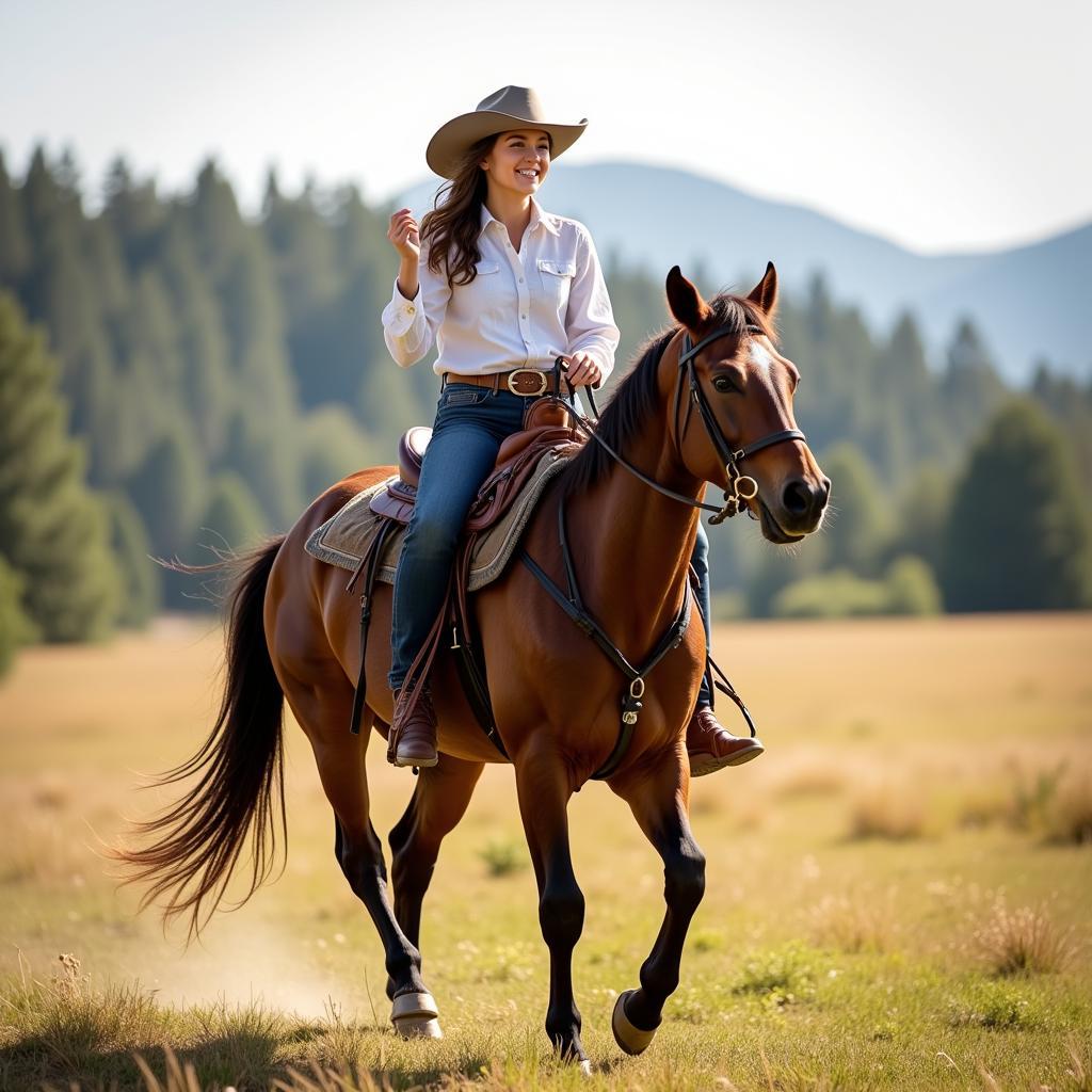 Happy Cowgirl Riding New Horse