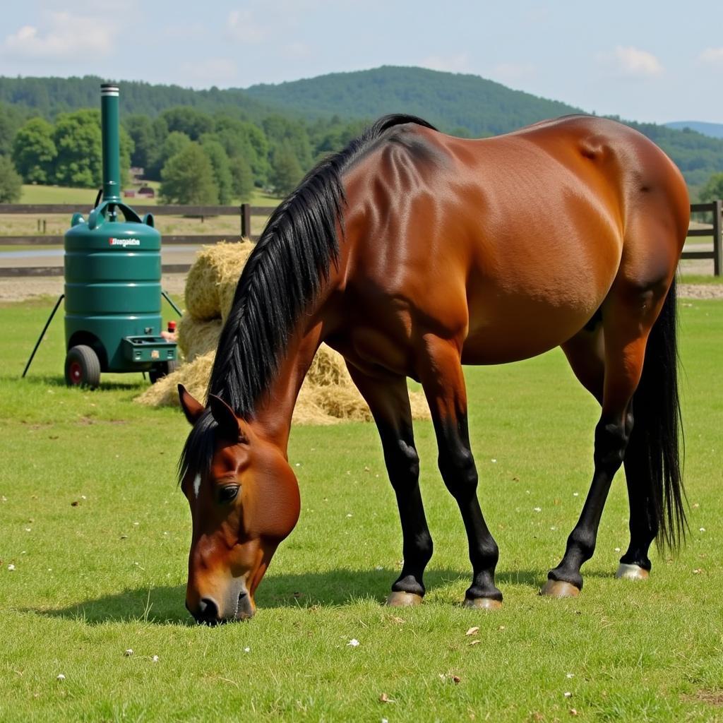 Content horse grazing with a slow feeder