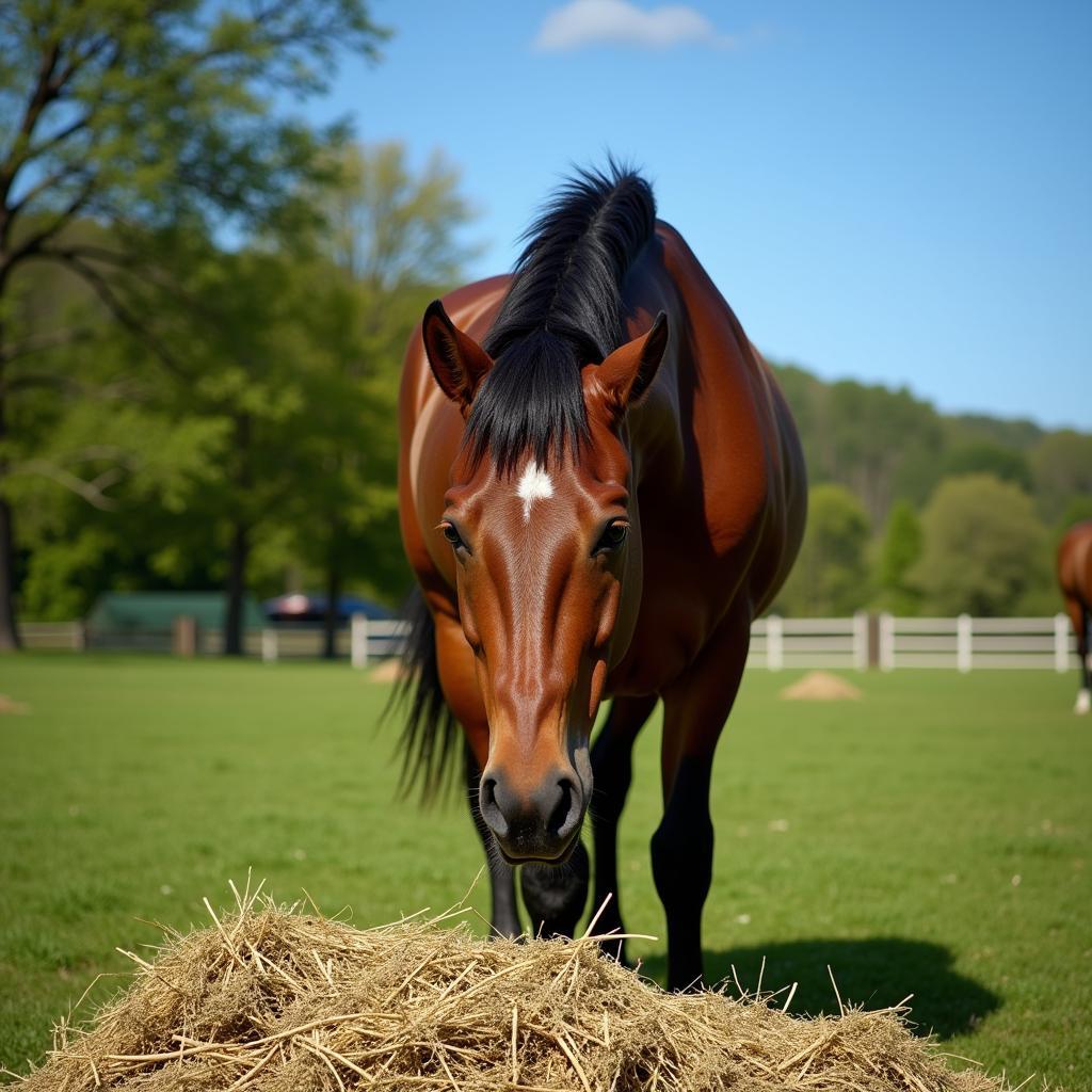 Healthy Horse Eating Hay in a Pasture